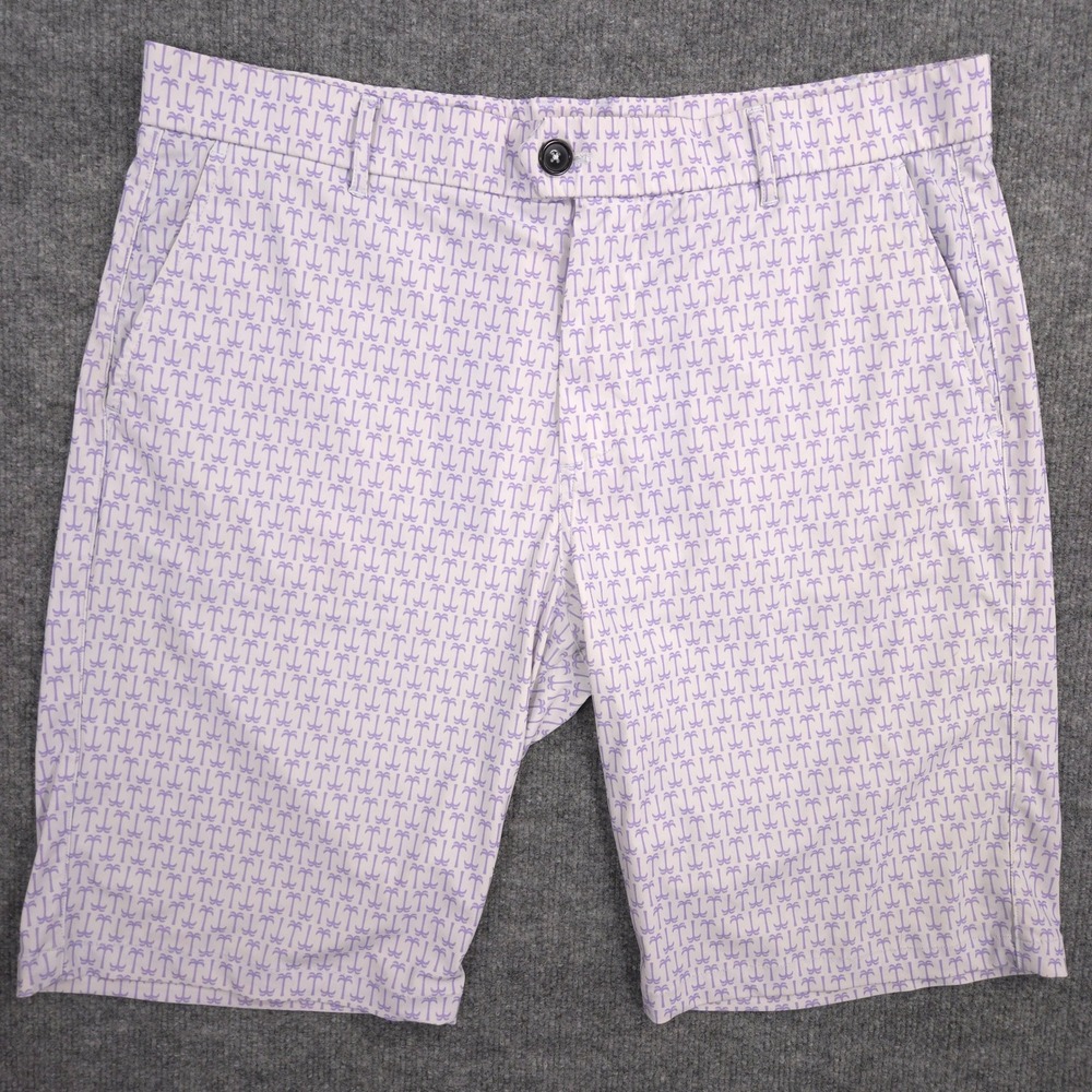 Greyson Montauk Performance Shorts Mens 36 Purple Palm Tree AOP Golf 10" Inseam